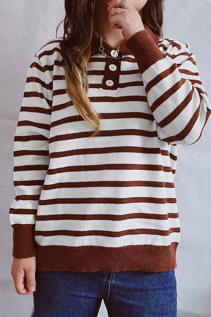 Striped Buttons Turndown Collar Sweaters(3 Colors)