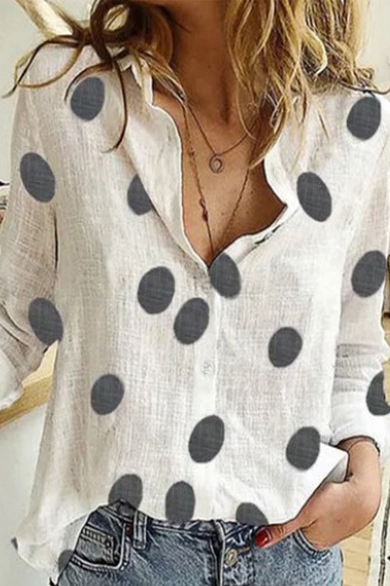 Polka Dot Patchwork Printing Turndown Collar Blouses(12 Colors)