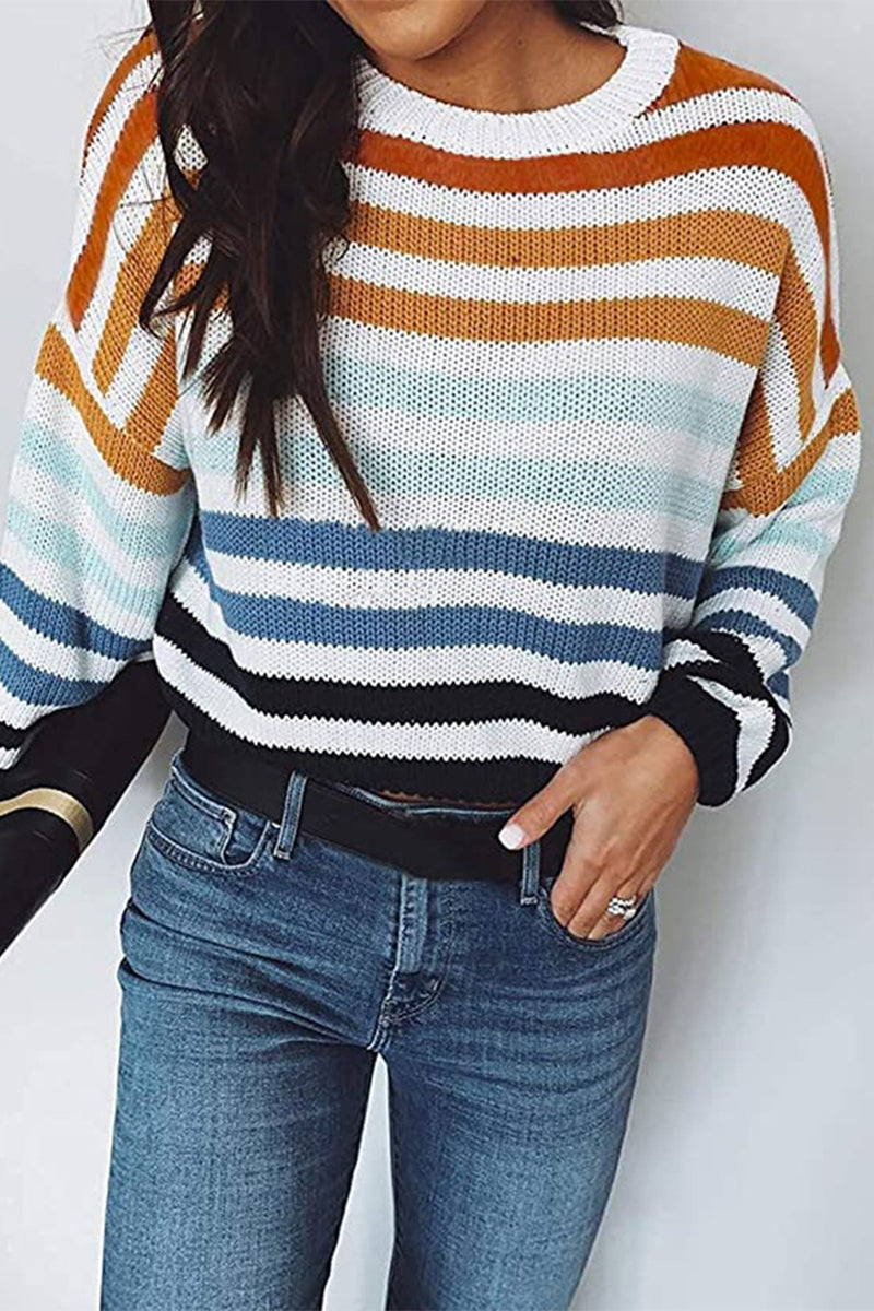 Sweet Striped Patchwork O Neck Sweaters(4 Colors)