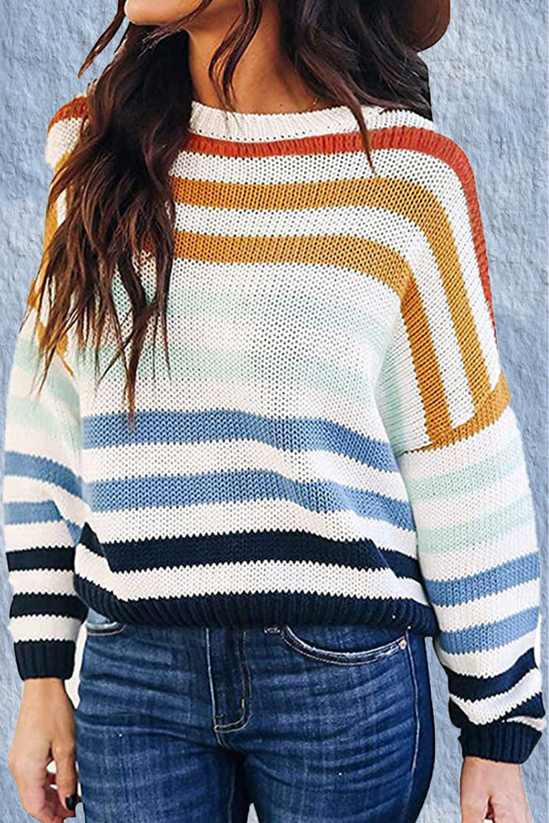 Sweet Striped Patchwork O Neck Sweaters(4 Colors)