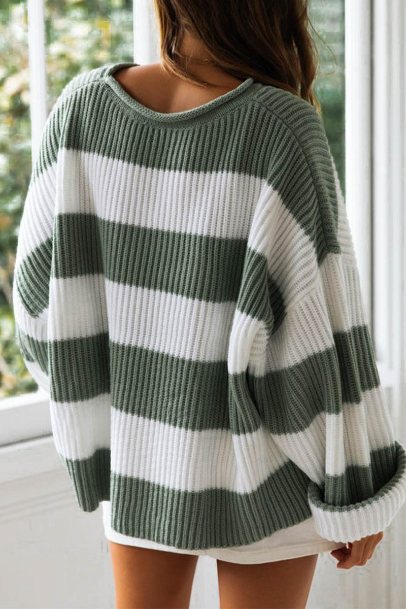 Sweet Striped Contrast O Neck Sweaters(5 Colors)