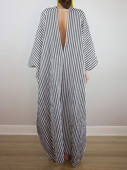 Batwing Sleeves Loose Striped V-back Deep V-neck Maxi Dresses