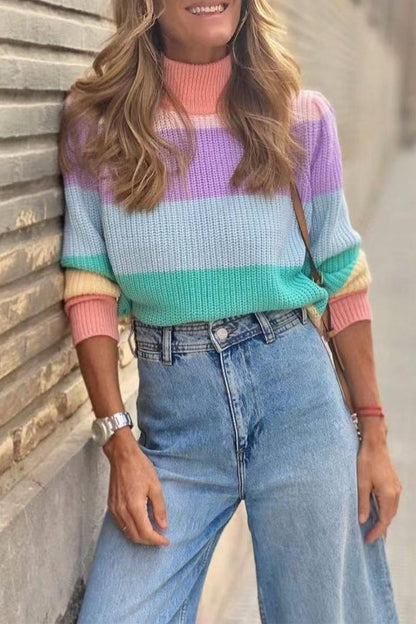 Work Striped Contrast Turtleneck Sweaters(3 Colors)