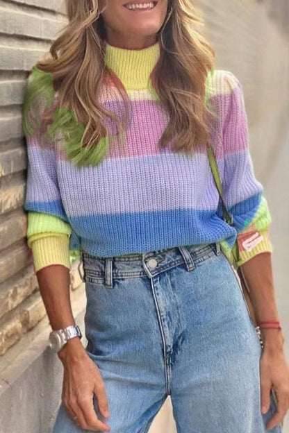 Work Striped Contrast Turtleneck Sweaters(3 Colors)