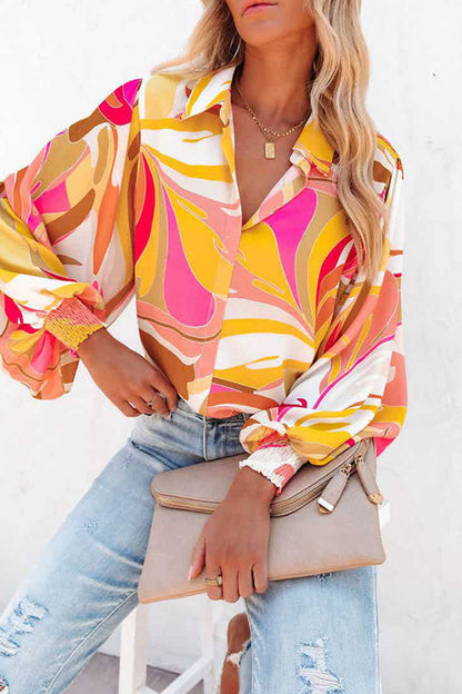 Print Patchwork Buckle Turndown Collar Blouses
