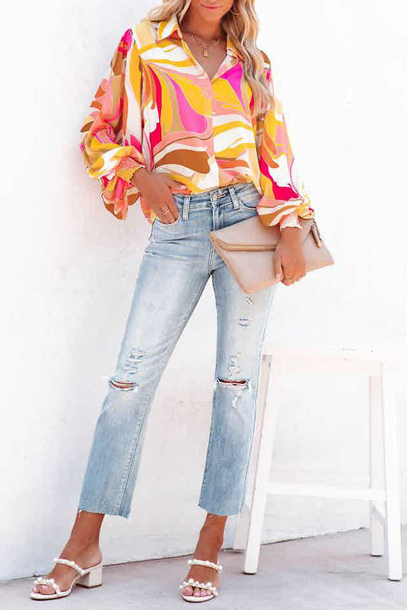 Print Patchwork Buckle Turndown Collar Blouses