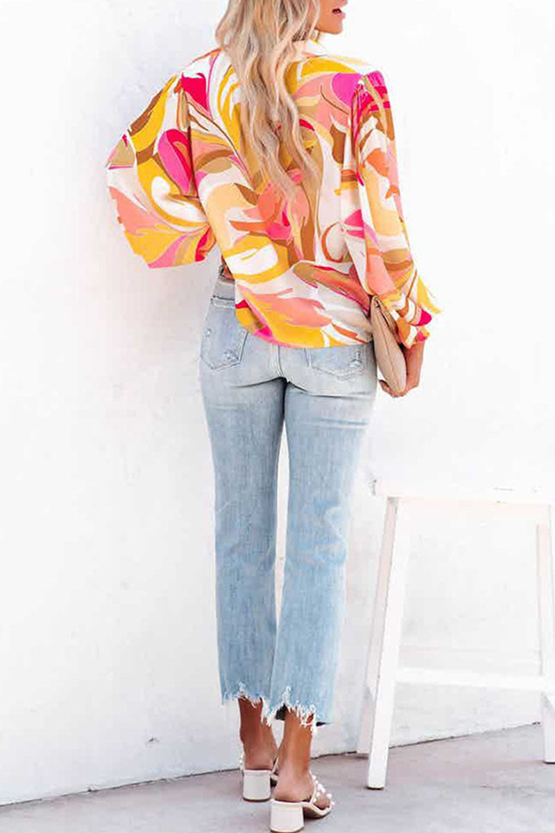 Print Patchwork Buckle Turndown Collar Blouses