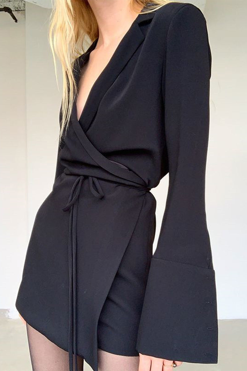 Patchwork Frenulum With Belt V Neck Wrapped Skirt Dresses