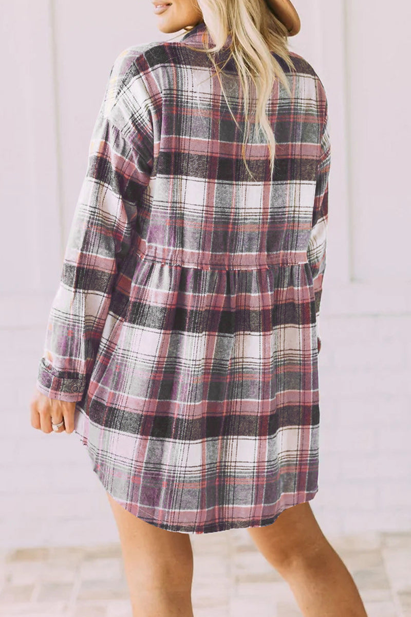 Plaid Buckle Buttons Turndown Collar Blouses(5 Colors)