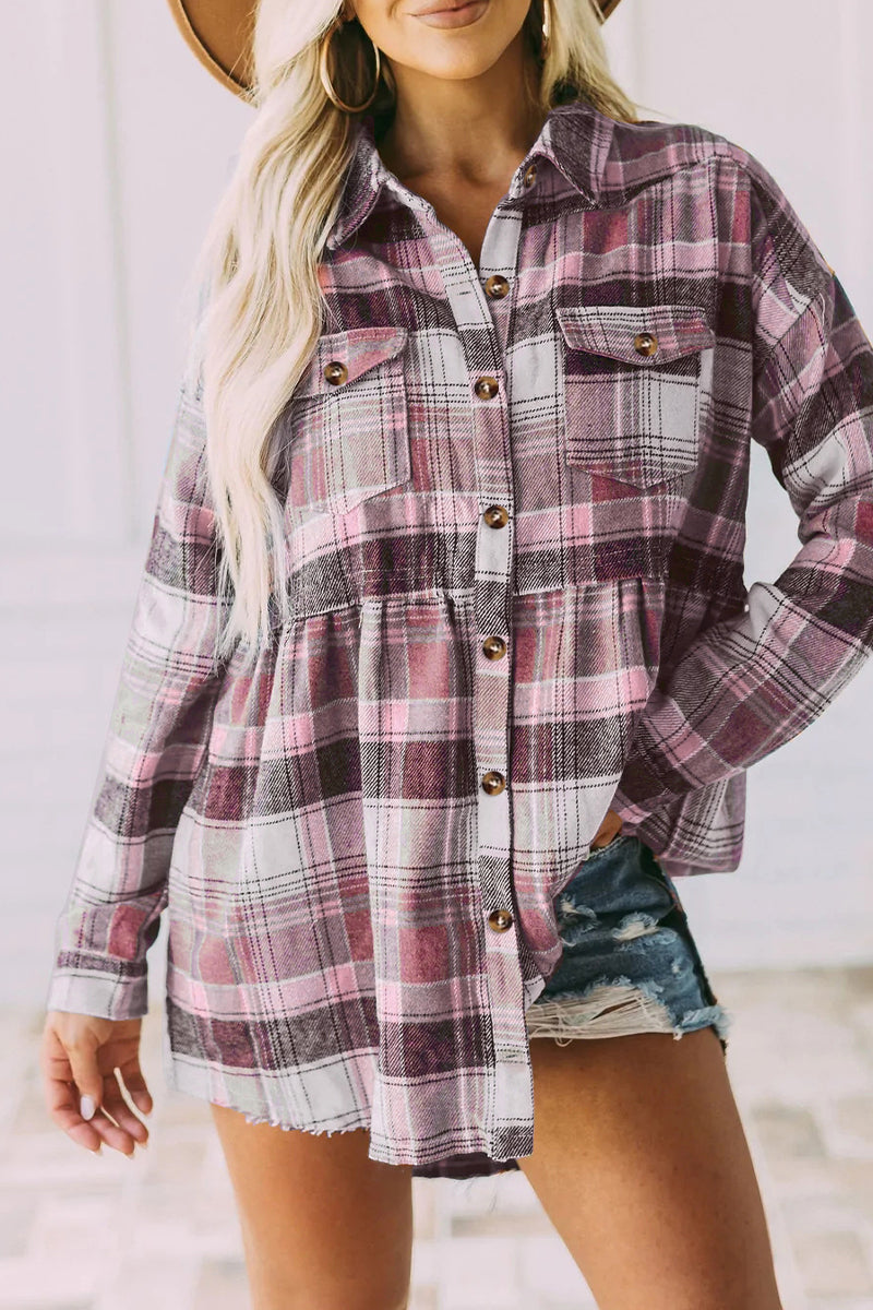 Plaid Buckle Buttons Turndown Collar Blouses(5 Colors)