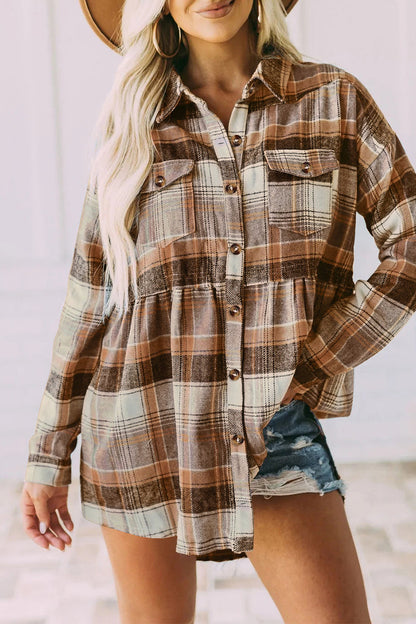 Plaid Buckle Buttons Turndown Collar Blouses(5 Colors)