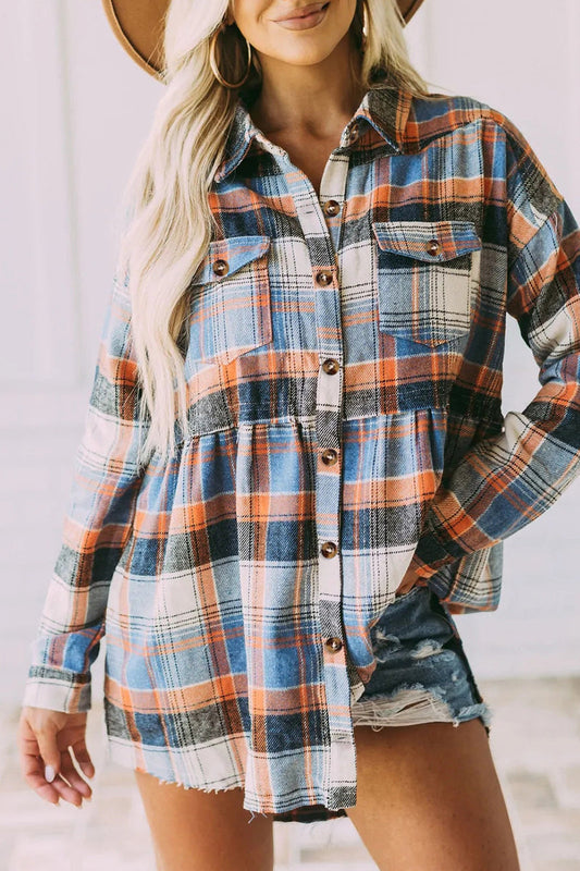Plaid Buckle Buttons Turndown Collar Blouses(5 Colors)