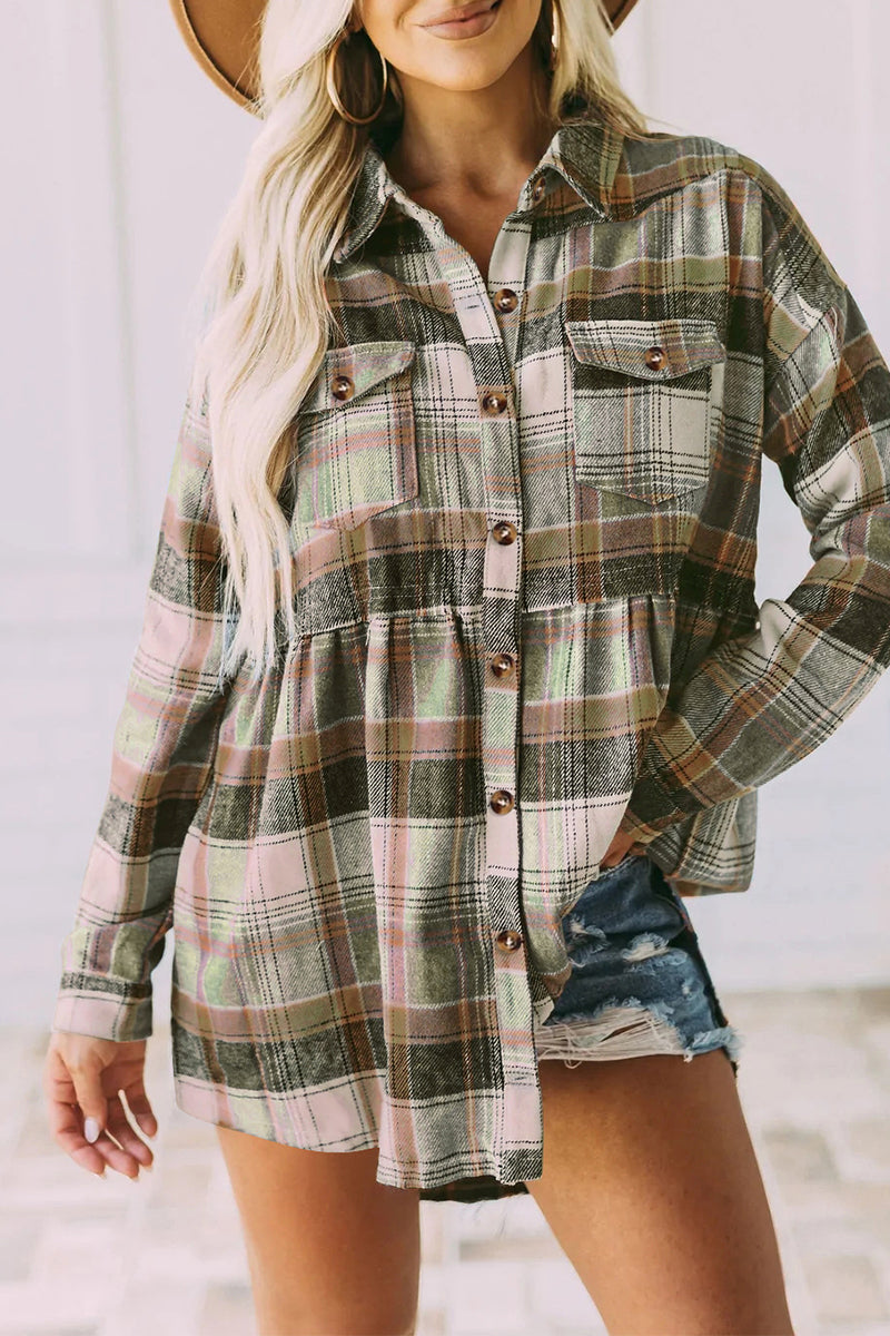 Plaid Buckle Buttons Turndown Collar Blouses(5 Colors)