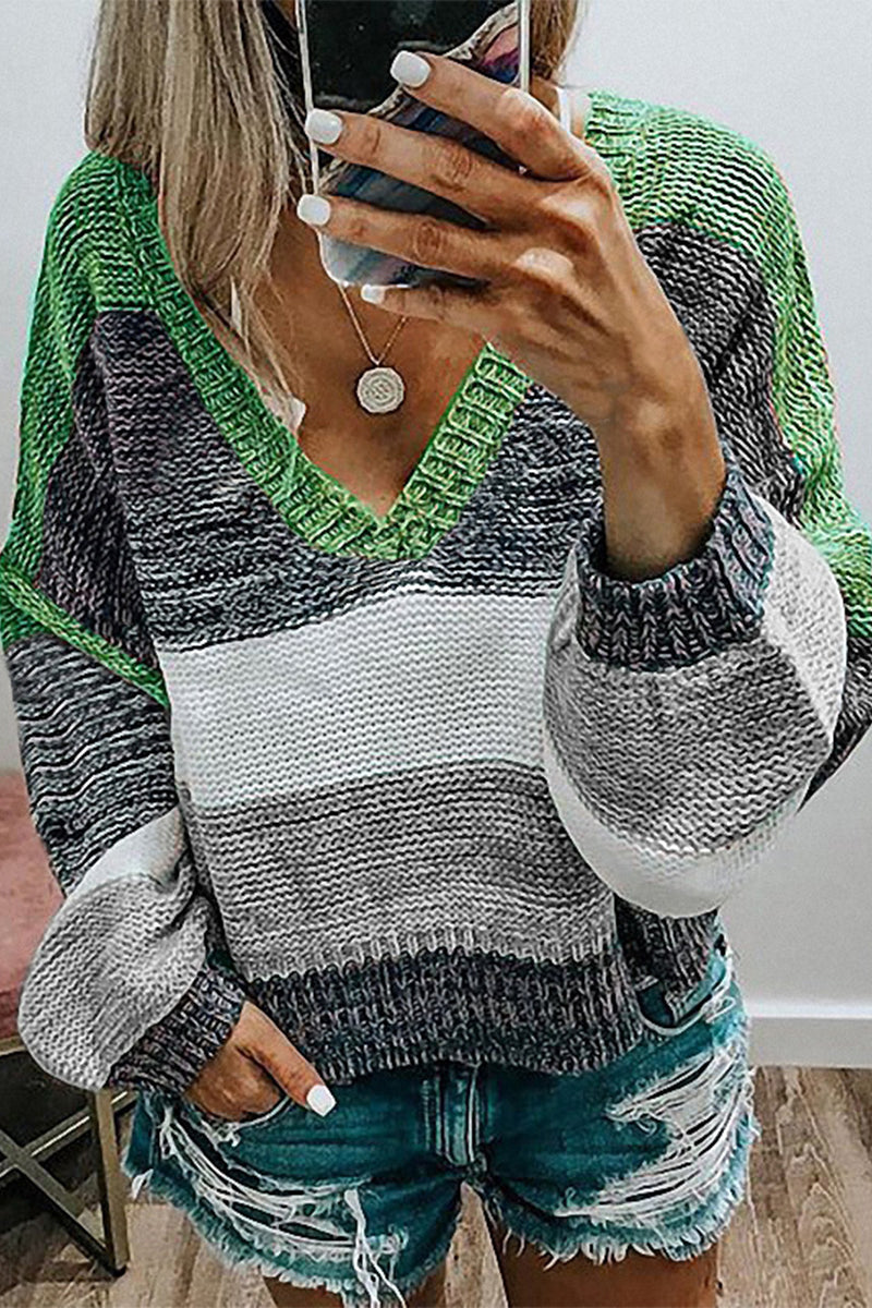 Sweet Color Block Patchwork V Neck Sweaters(4 Colors)