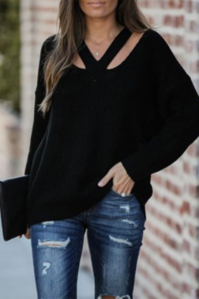 Hollowed Out Patchwork V Neck Sweaters(3 Colors)