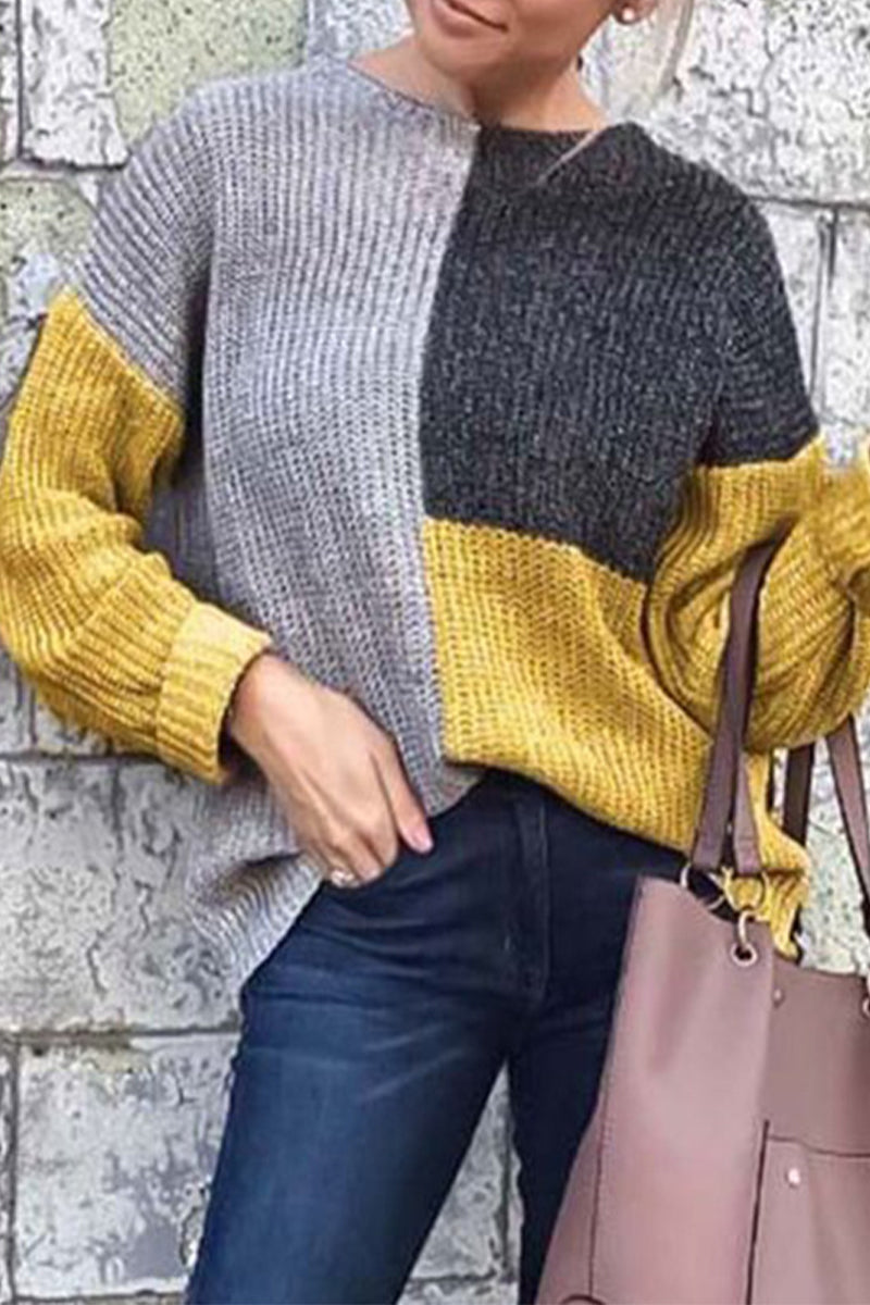 Geometric Color Block Patchwork O Neck Sweaters
