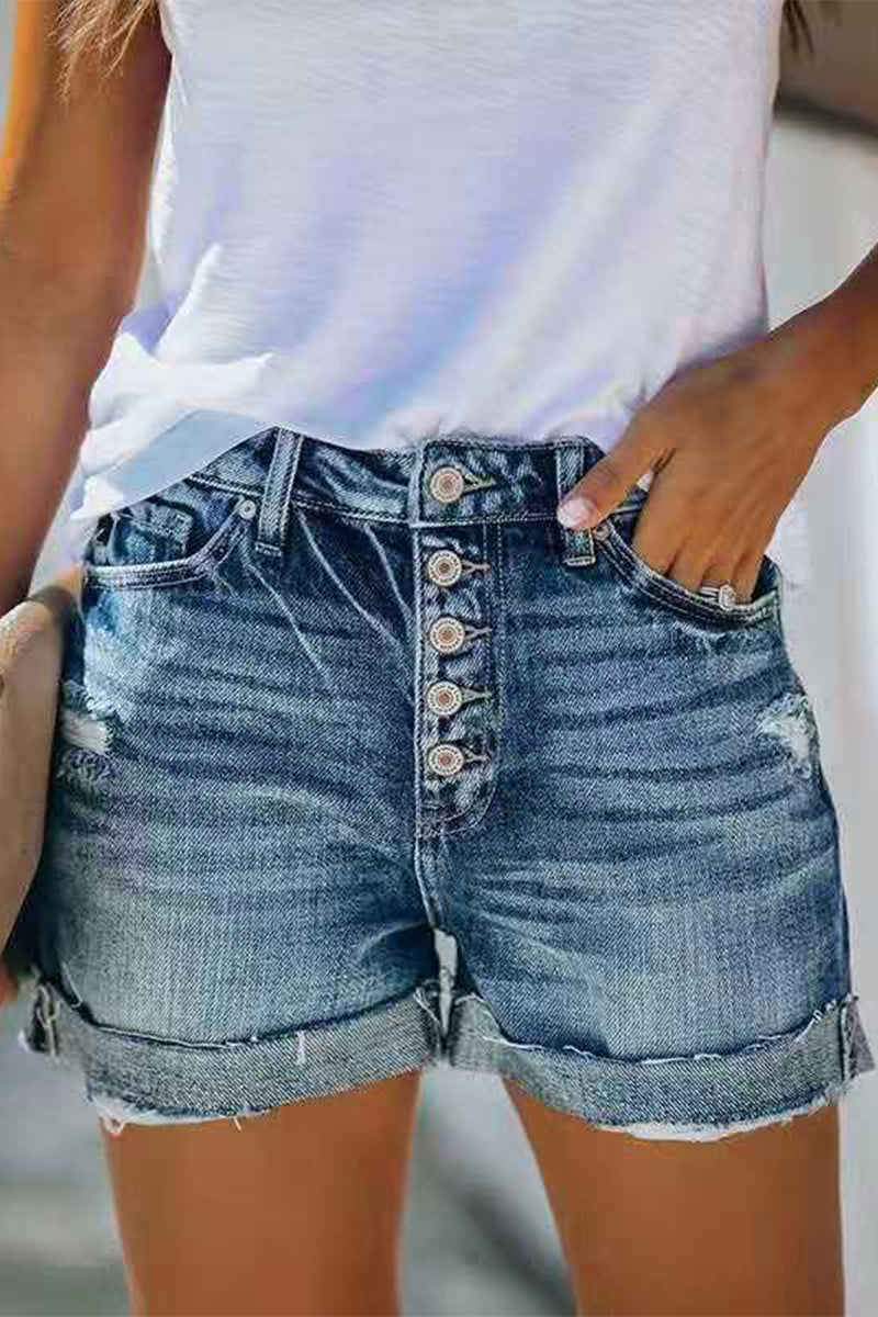 Patchwork Mid Waist Regular Denim Shorts