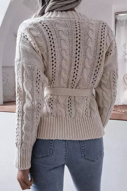 Hollowed Out Buckle With Belt Cardigan Collar Tops