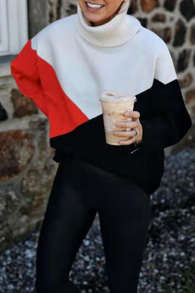 Work Color Block Patchwork Turtleneck Sweaters(4 Colors)