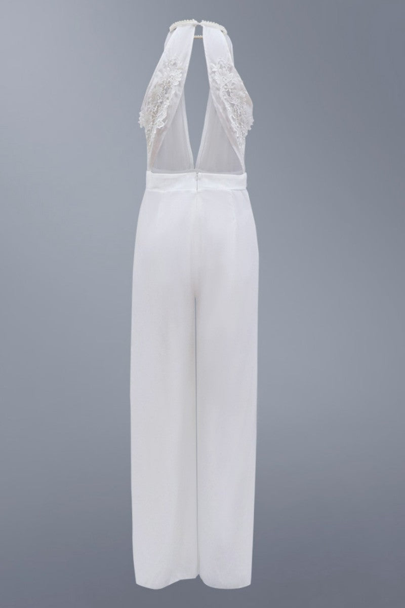 Hollowed Out Patchwork Backless O Neck Regular Jumpsuits