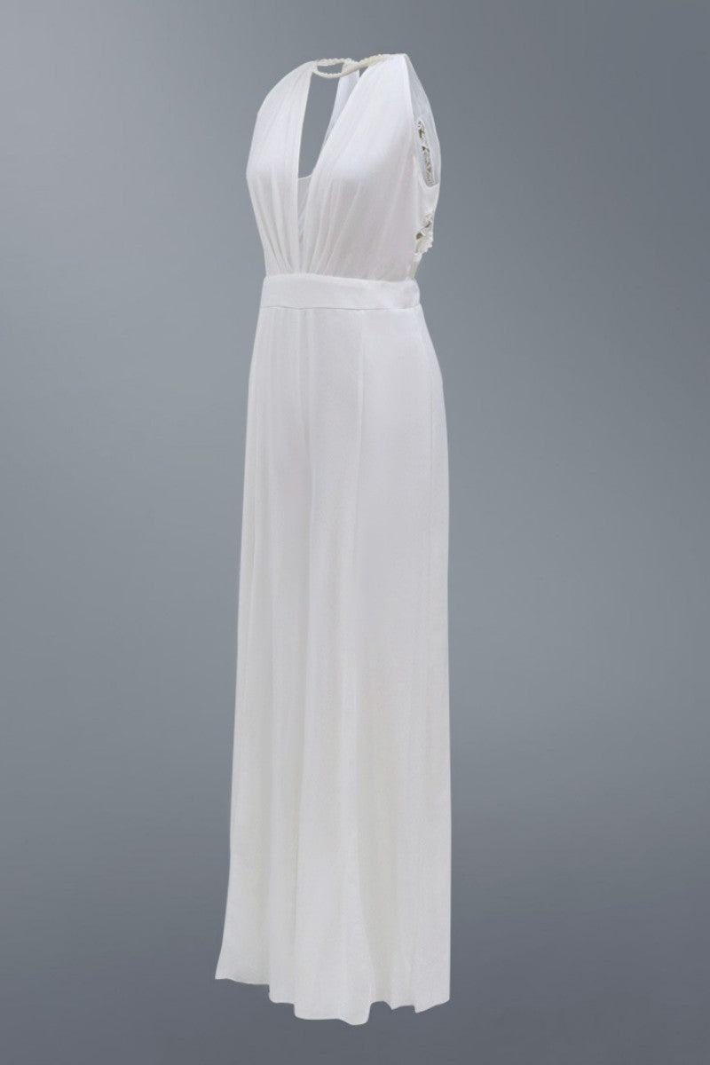Hollowed Out Patchwork Backless O Neck Regular Jumpsuits