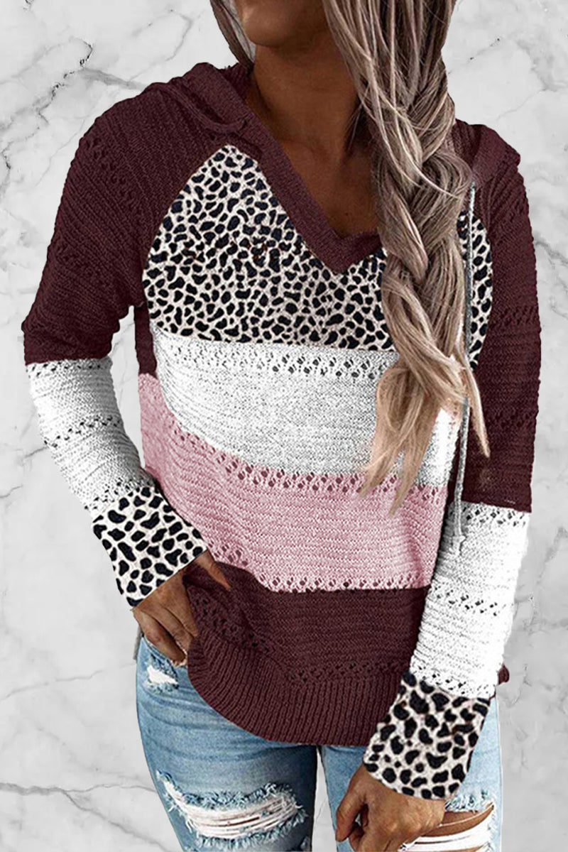 Wisherryy Hooded Leopard Stitched Knit Sweater(8 Colors)