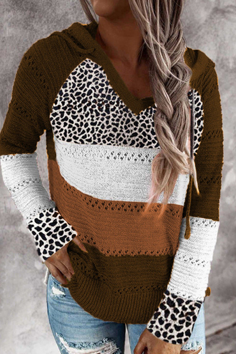 Wisherryy Hooded Leopard Stitched Knit Sweater(8 Colors)