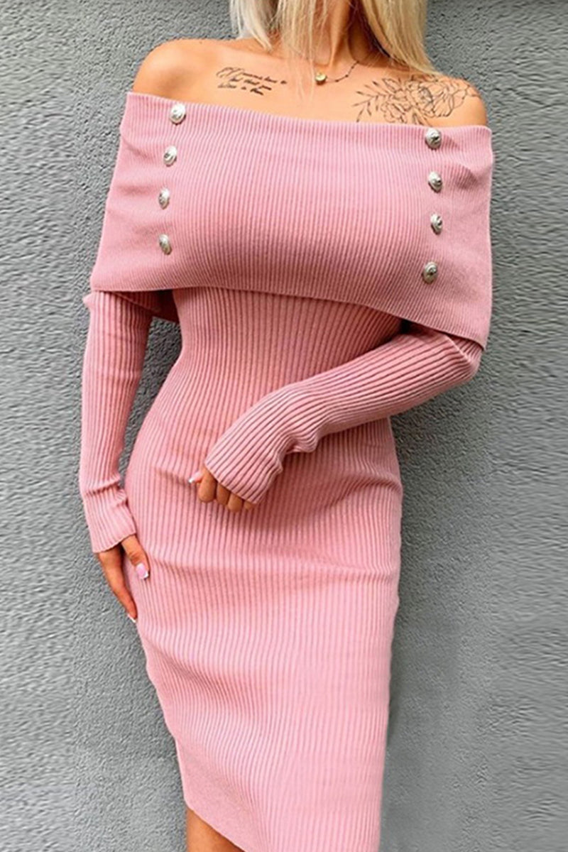 Sweet Buttons Off the Shoulder One Step Skirt Dresses