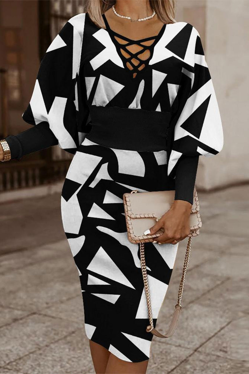 Print Bandage V Neck Wrapped Skirt Dresses