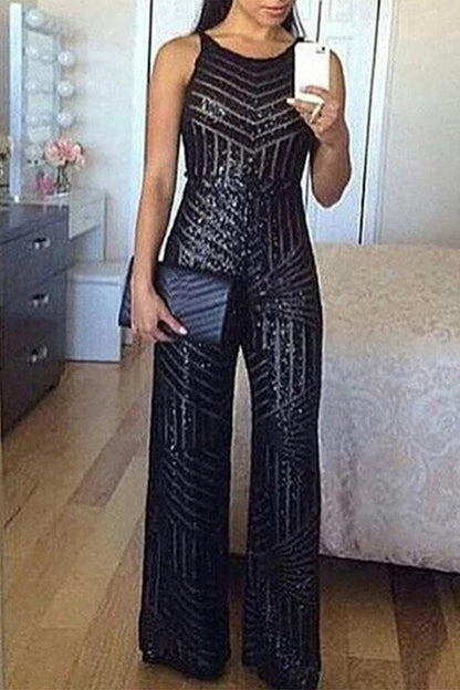 Sequins O Neck Regular Jumpsuits