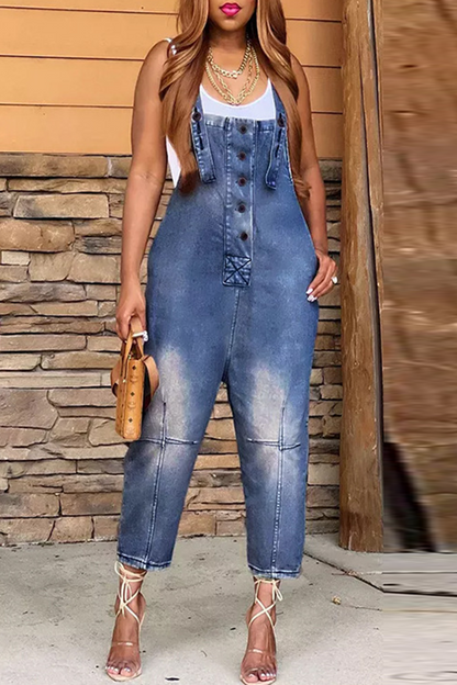 Street Patchwork Buckle Square Collar Straight Jumpsuits(4 Colors)