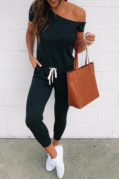 Draw String One Shoulder Skinny Jumpsuits(4 Colors)