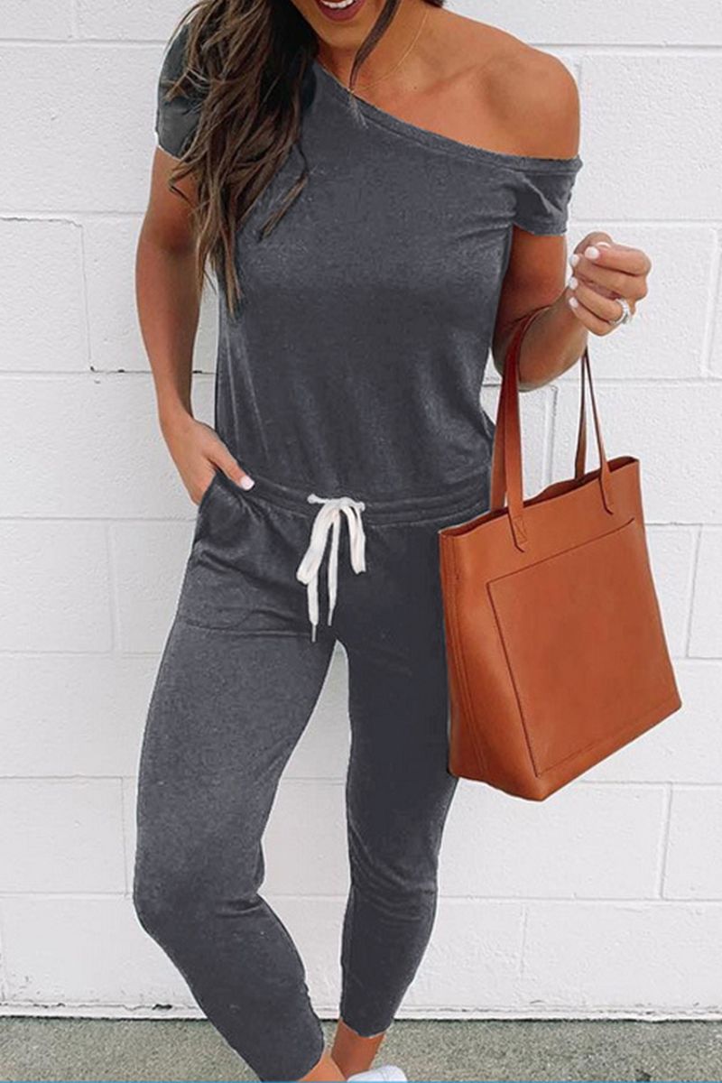 Draw String One Shoulder Skinny Jumpsuits(4 Colors)