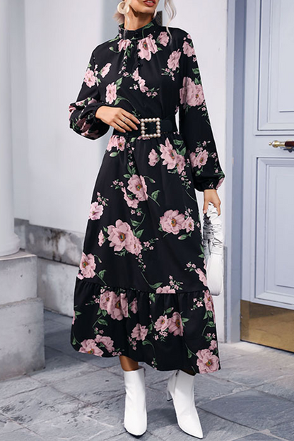 Print Patchwork Half a Turtleneck Waist Skirt Dresses