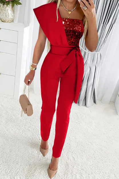 Sweet Patchwork Sequins Asymmetrical Collar Regular Jumpsuits(5 Colors)