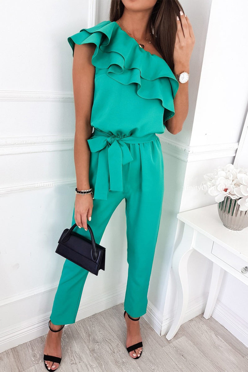 Sweet Flounce Oblique Collar Regular Jumpsuits(5 Colors)