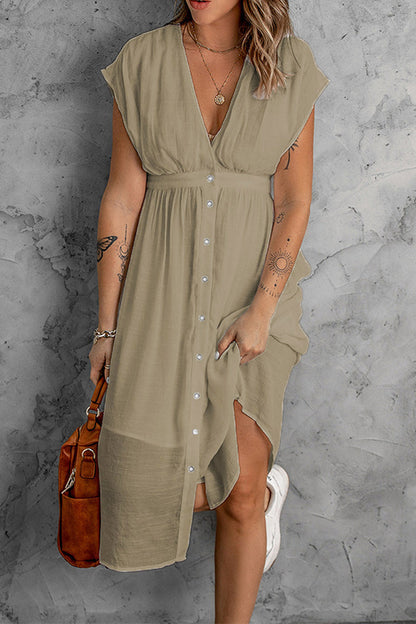 Buckle Color V Neck Lantern Skirt Dresses(7 Colors)