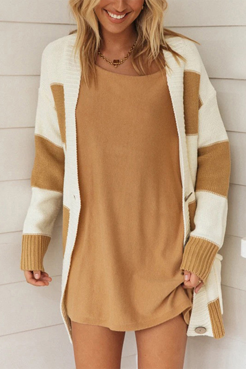 Striped Patchwork Contrast Cardigan Collar Cardigans(3 Colors)