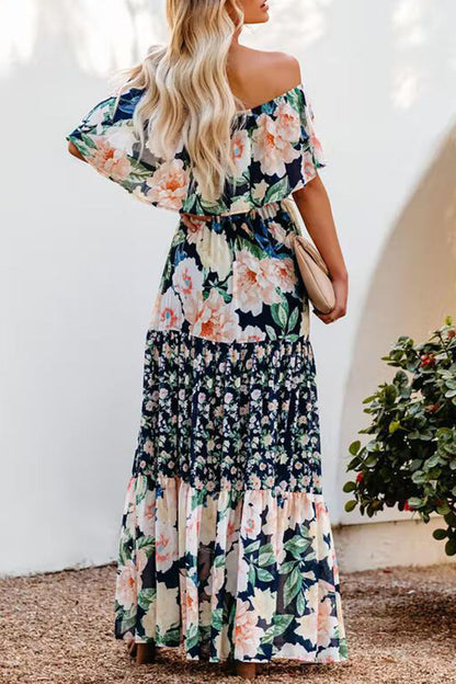 Patchwork Flounce Off the Shoulder Cake Skirt Dresses