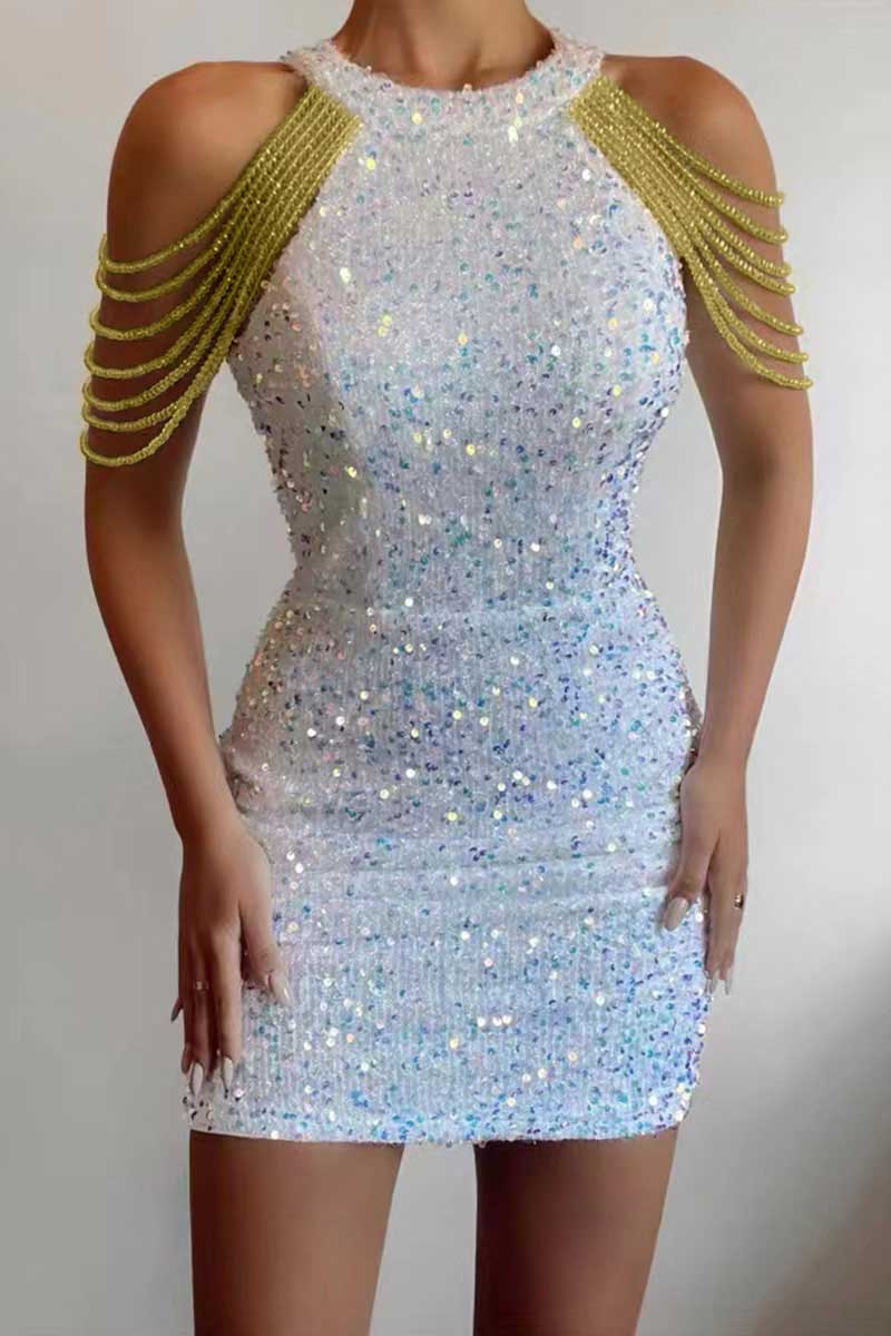 Sequins Patchwork Chains O Neck Pencil Skirt Dresses