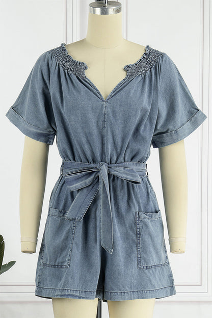 Street Make Old V Neck Short Sleeve High Waist Loose Denim Jumpsuits