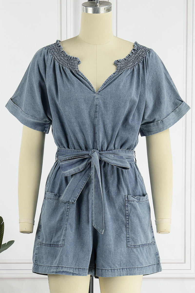 Street Make Old V Neck Short Sleeve High Waist Loose Denim Jumpsuits