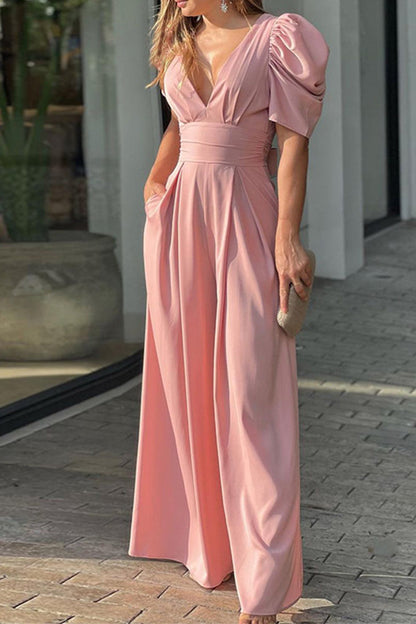 Backless Color V Neck Jumpsuits