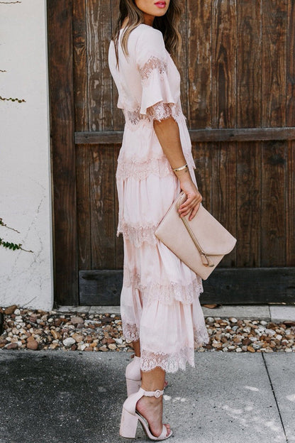 Lace V Neck Cake Skirt Dresses(3 Colors)