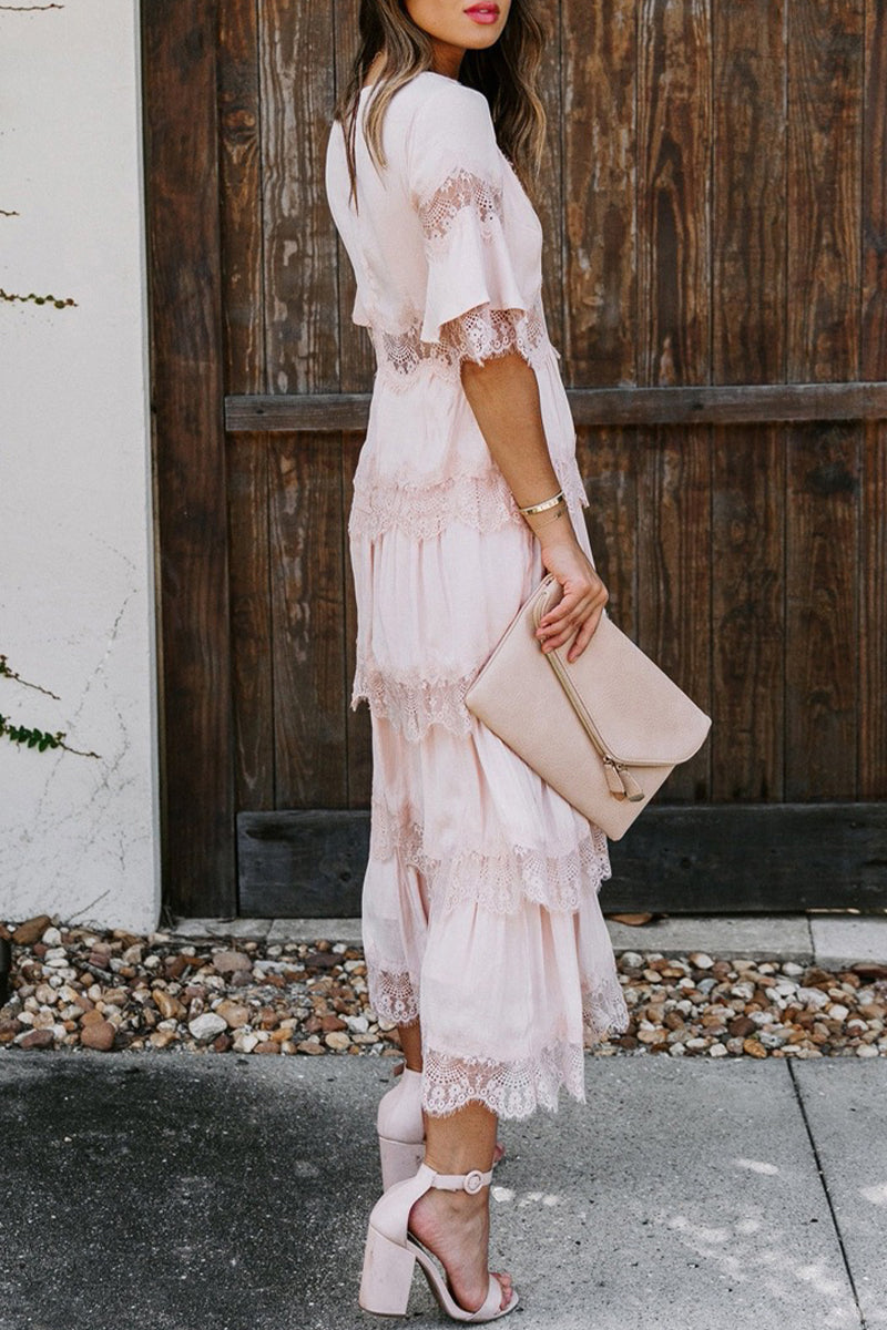 Lace V Neck Cake Skirt Dresses(3 Colors)