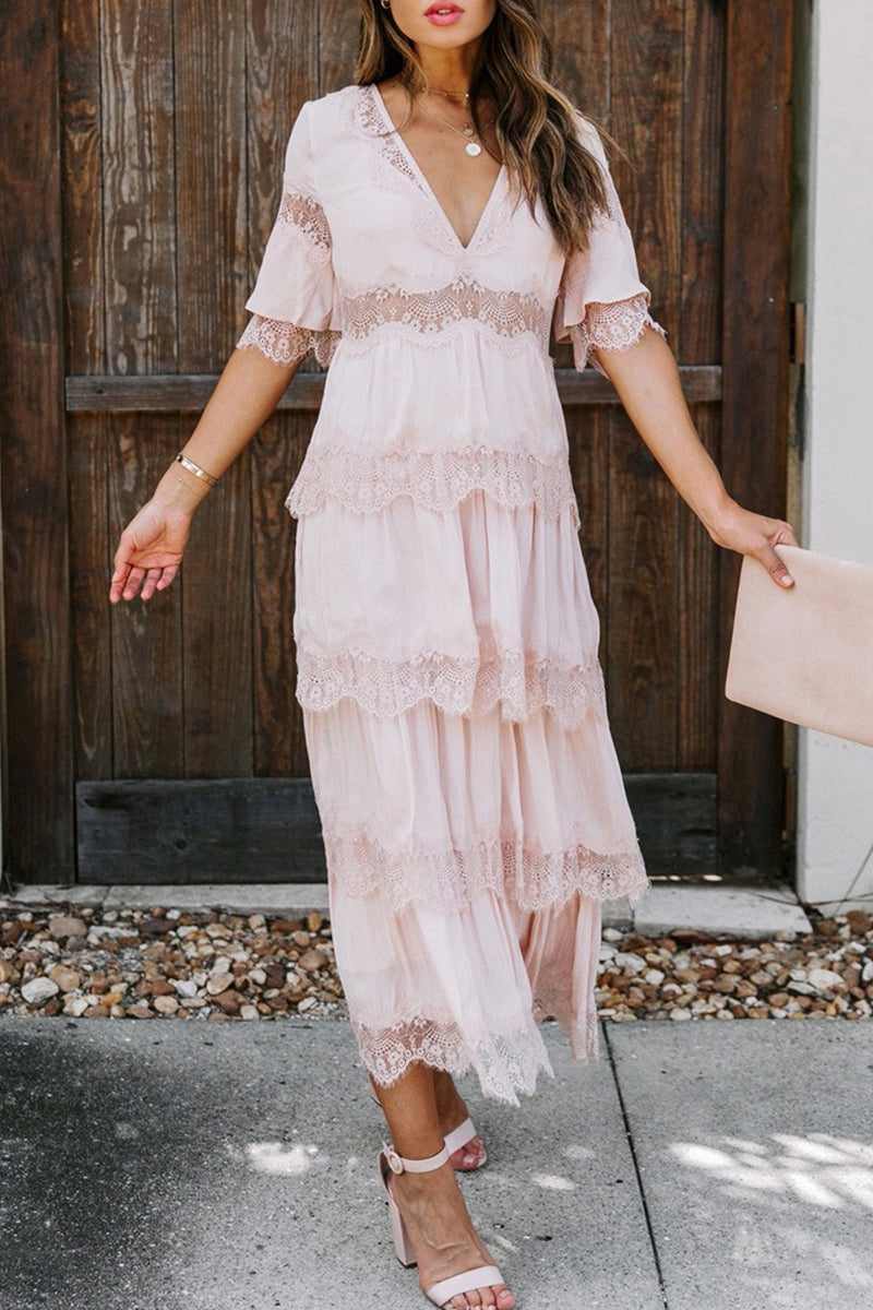 Lace V Neck Cake Skirt Dresses(3 Colors)