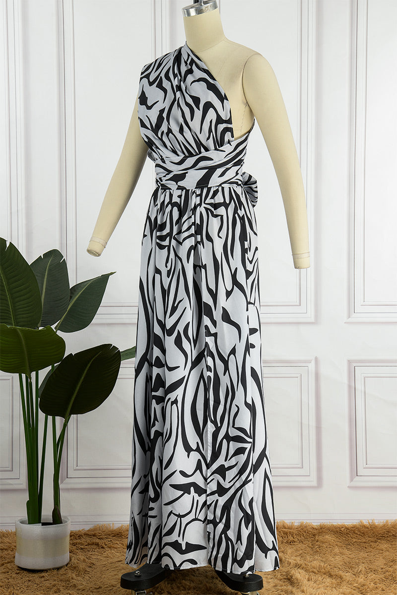 Print Patchwork Backless Slit Oblique Collar Long Dress