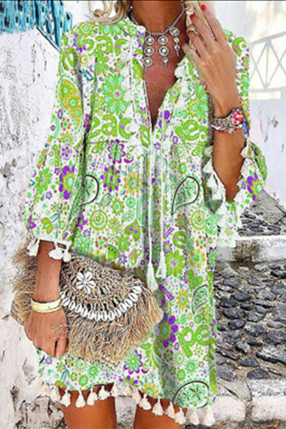 Print Tassel V Neck Cake Skirt Dresses