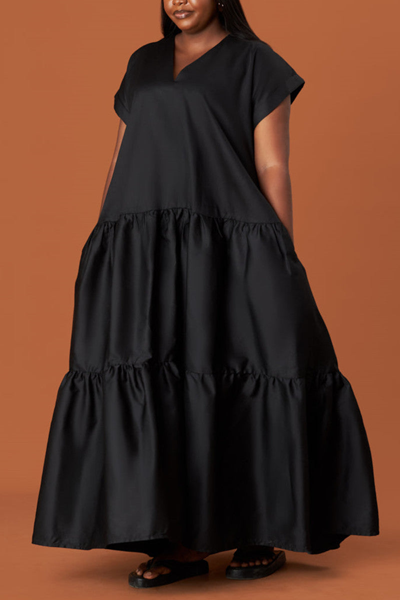 Patchwork Fold V Neck Long Dress Dresses