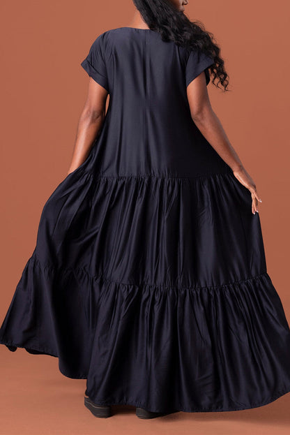Patchwork Fold V Neck Long Dress Dresses